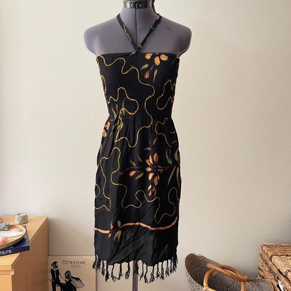 Y2K vintage 2000s black embroidered floral halter dress beach fairy earthy XS/S